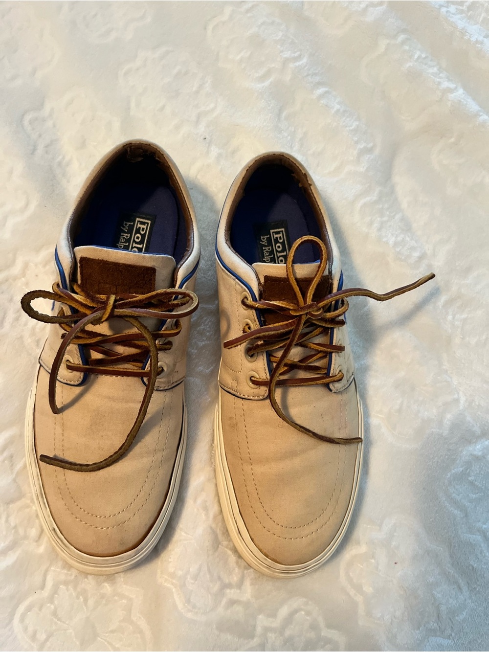 Polo by Ralph Lauren Men’s Beige Canvas Lace-Up Sneakers with Brown Laces